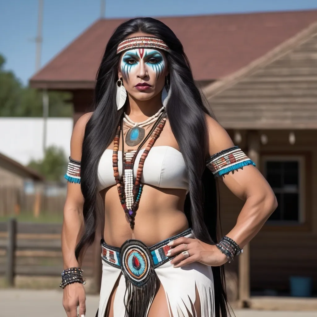 Prompt: photorealistic, full body portrait of a Gorgeous muscular 25-year-old Native American drag queen with huge busom and very long flowing hair, in traditional dress and 8 inch stiletto high heel shoes, posing outdoors.