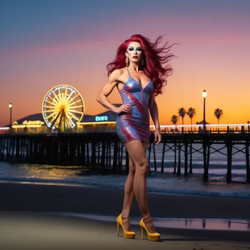 Prompt: Hi-res, 8k hd, Full body photography, Gorgeous tall muscular Bulgarian drag queen, 25 years old, ultra-long straight dark red hair (((blowing in wind))), lean athletic muscles, crystal blue eyes, lean muscular legs, muscular physique, dark smoky eyeshadow, dark red lipstick, smiling, short yellow cotton sundress, 8 inch stiletto high heel shoes, standing in front of the Santa Monica Pier at dusk, 8k photo, elegant, stylish, detailed features, highres, natural lighting, vibrant colors. Full length photography, full body photography. Ultra-detailed,  ultra-realistic.