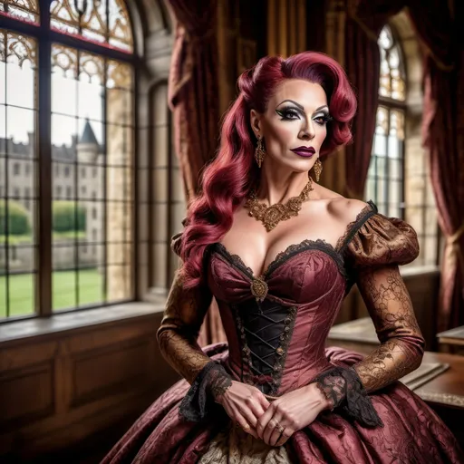 Prompt: Gorgeous muscular 35-year-old British drag queen, dark lipstick, heavy mascara, vibrant Tudor-era attire, intricate lace details, embroidered patterns, serene expression, elegant pose, rich background of a historic castle, warm gold and deep auburn tones, soft diffused lighting, classical artwork style, ultra-detailed, regal atmosphere, capturing the essence of 16th-century nobility, majestic ambiance.