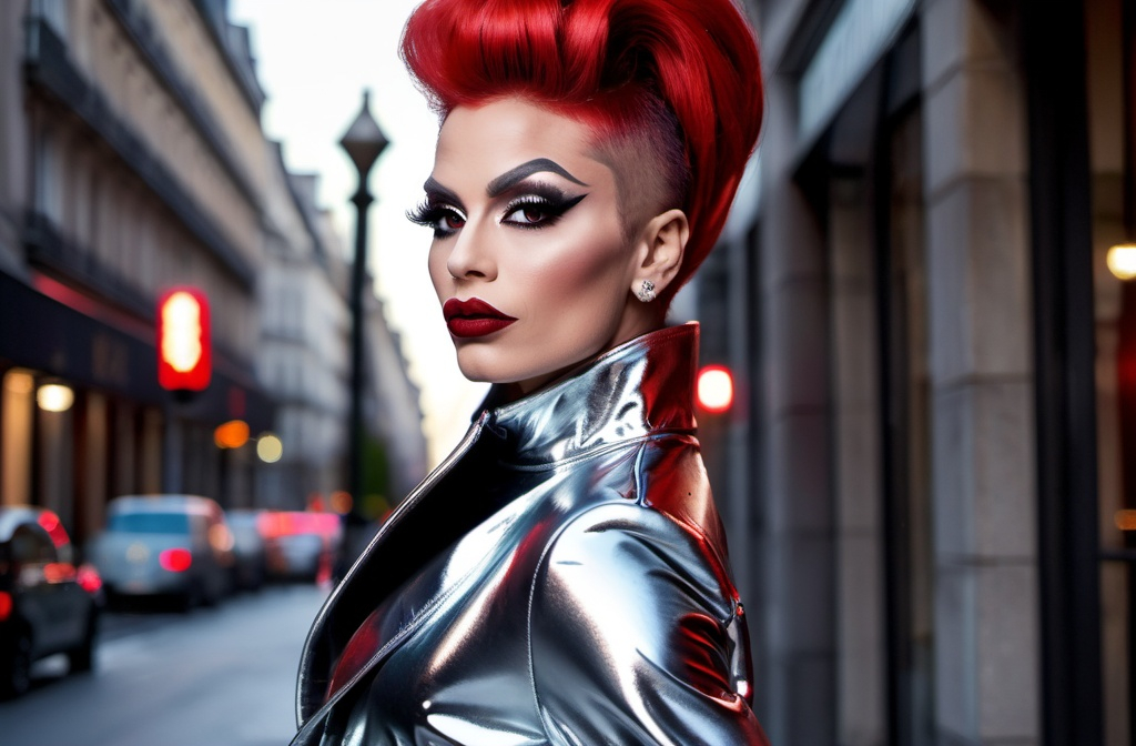 Prompt: Gorgeous ultra-muscular 25-year-old Parisan drag queen bodybuilder with bright red stylish updo hairstyle, dark eye 
makeup, and dark red lipstick is wearing closed long mirror silver swing coat and patent black 8 inch stiletto high heel overknee boots on street at night.