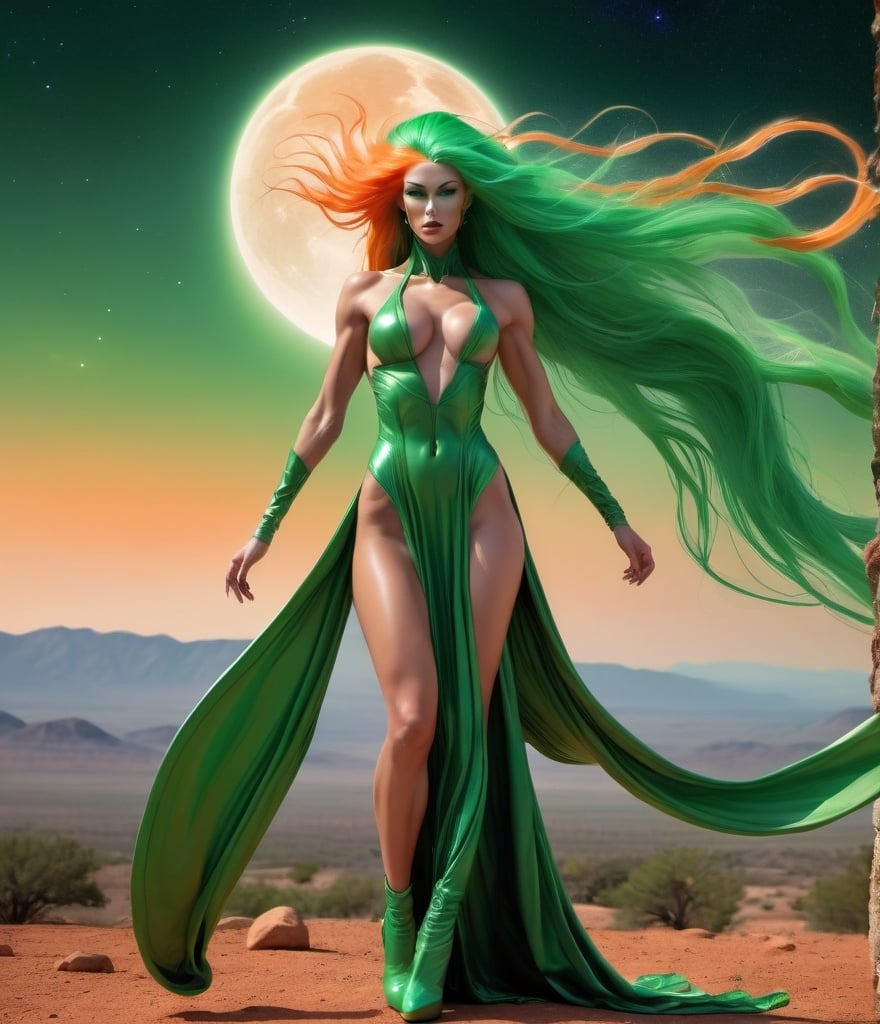 Prompt: Gorgeous ultra-muscular 25 year old orange skinned alien goddess with huge busom, long muscular legs and ridiculously long flowing green hair (((blowing in the wind))) celestial robes and 8 inch stiletto high heel boots looking out toward a fantastical celestial landscape