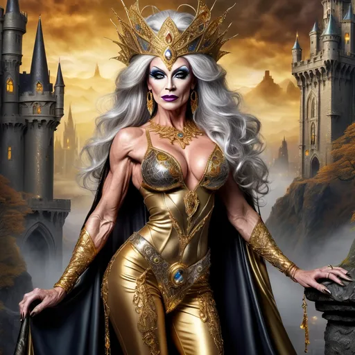 Prompt: Fantasy illustration of a powerful 55-year-old British drag queen bodybuilder sorceress, vibrant gold and silver color palette, ancient castles in the background, dark eye makeup, darl lipstick,  flowing silk garments with intricate Wiccan patterns, majestic headdress adorned with gemstones, 8 onch stiletto high heel shoes, mystical glowing staff, high quality, detailed fantasy, British, mystical, powerful sorceress, gold and silver, ancient castles, flowing garments, Wiccan patterns, majestic headdress, glowing staff, fantasy illustration, vibrant colors, mystical atmosphere