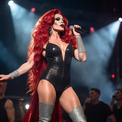 Prompt: Gorgeous muscular 35-year-old superstar drag queen (strong masculine jawline and brow features) with long flowing bright red hair, dark eyeshadow, and dark red lipstick. Glittery sparkly knee-high sliver high heel boots.  Singing at a big concert 