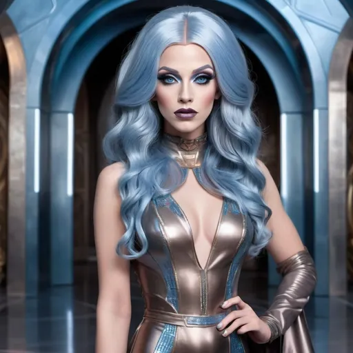 Prompt: A 25-year-old drag queen, beautiful, noble, and haughty. She comes from a family that rules over an intergalactic empire. She has long wavy blue hair and very light steel blue eyes. She is wearing a futuristic yet elegant bronze dress. She is standing in the gallery of a futuristic castle, luxurious and richly decorated.