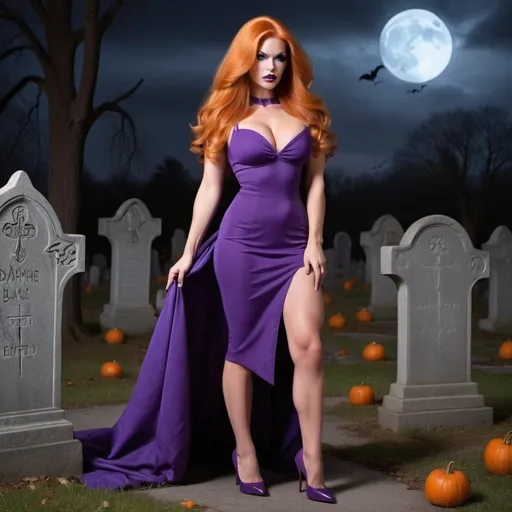 Prompt: Gorgeous Muscular Finnish 25 year old Daphne Blake with huge busom and long stylish orange hair and dressed as daphne blake in purple dress and 8 inch stiletto high heel shoes, immaculate makeup. Dark spooky graveyard. 