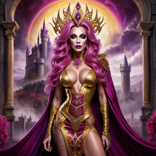 Prompt: Fantasy illustration of a powerful British drag queen bodybuilder sorceress, vibrant gold and magenta color palette, ancient castles in the background, dark eye makeup, darl lipstick,  flowing silk garments with intricate Wiccan patterns, majestic headdress adorned with gemstones, 8 onch stiletto high heel shoes, mystical glowing staff, high quality, detailed fantasy, British, mystical, powerful sorceress, gold and magenta, ancient castles, flowing garments, Wiccan patterns, majestic headdress, glowing staff, fantasy illustration, vibrant colors, mystical atmosphere