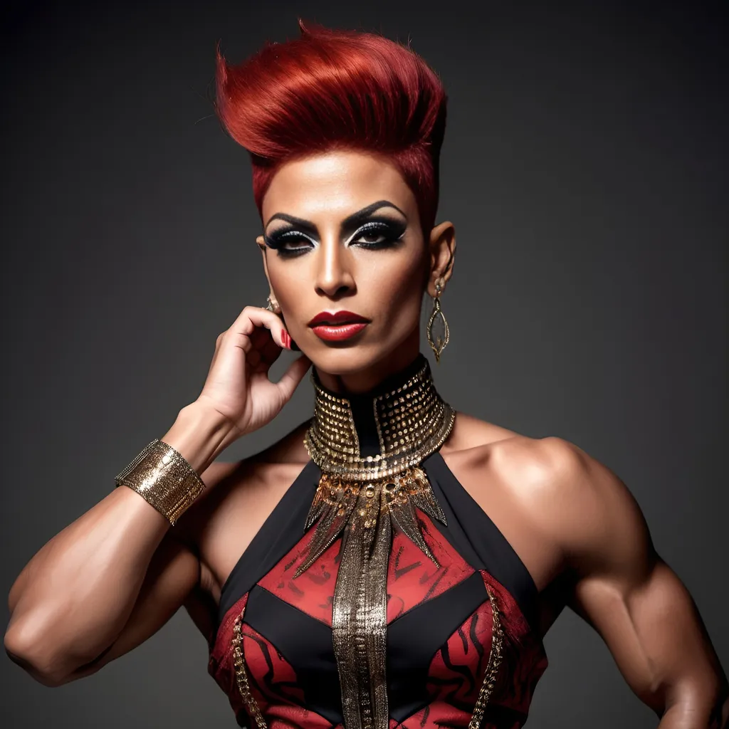 Prompt: Gorgeous muscular 35-year-old Egyptian drag queen (strong masculine jawline and brow features) with short spiky stylush red hair (Cavalli outfit), high fashion, (luxurious fabric), intricate detailing, dramatic silhouette, bold patterns, bright colors, modern and stylish, runway-ready, beautifully styled, expressive poses, atmospheric lighting, artistic composition, edgy accessories, urban chic background, (trendy environment), cinematic aesthetic, ultra-detailed, high quality, shoulder length Brunette hair.