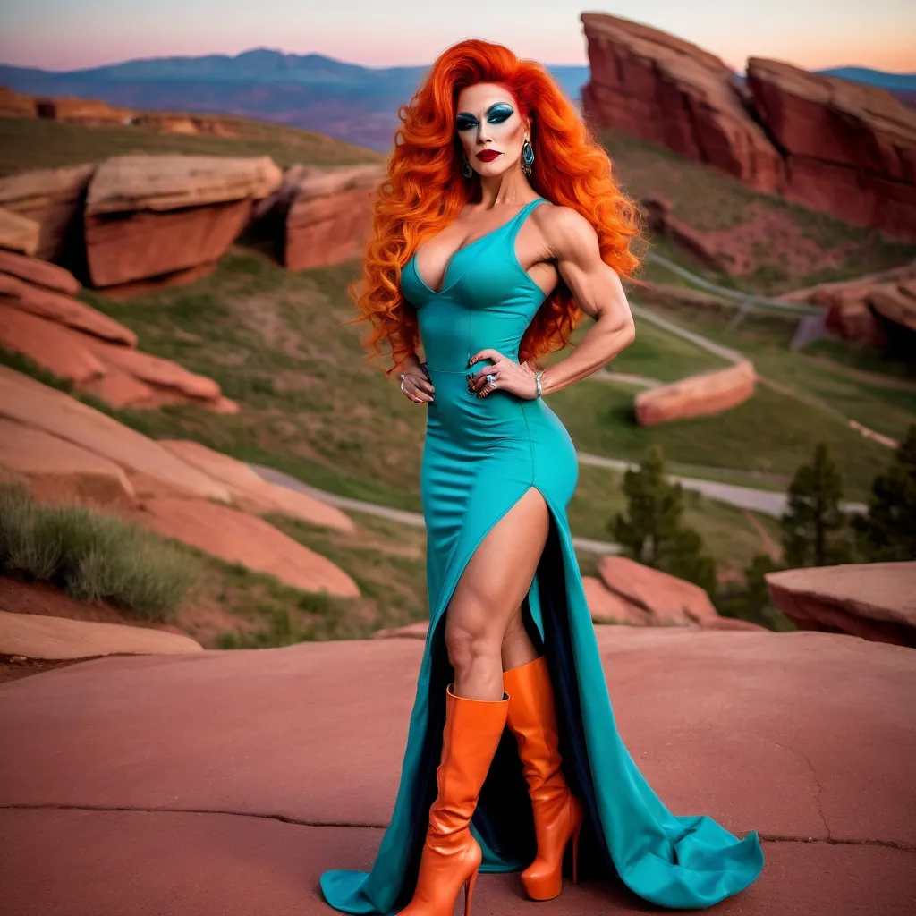 Prompt: A gorgeous muscular 35-year-old Turkish drag queen bodybuilder with large busom, dark eye makeup, dark lipstick, a long curly bright orange hair, wearing an asymmetrical teal gown, and 8 inch platform stiletto high heel knee-high boots,  Colorado Red Rocks at sundown in the background. 