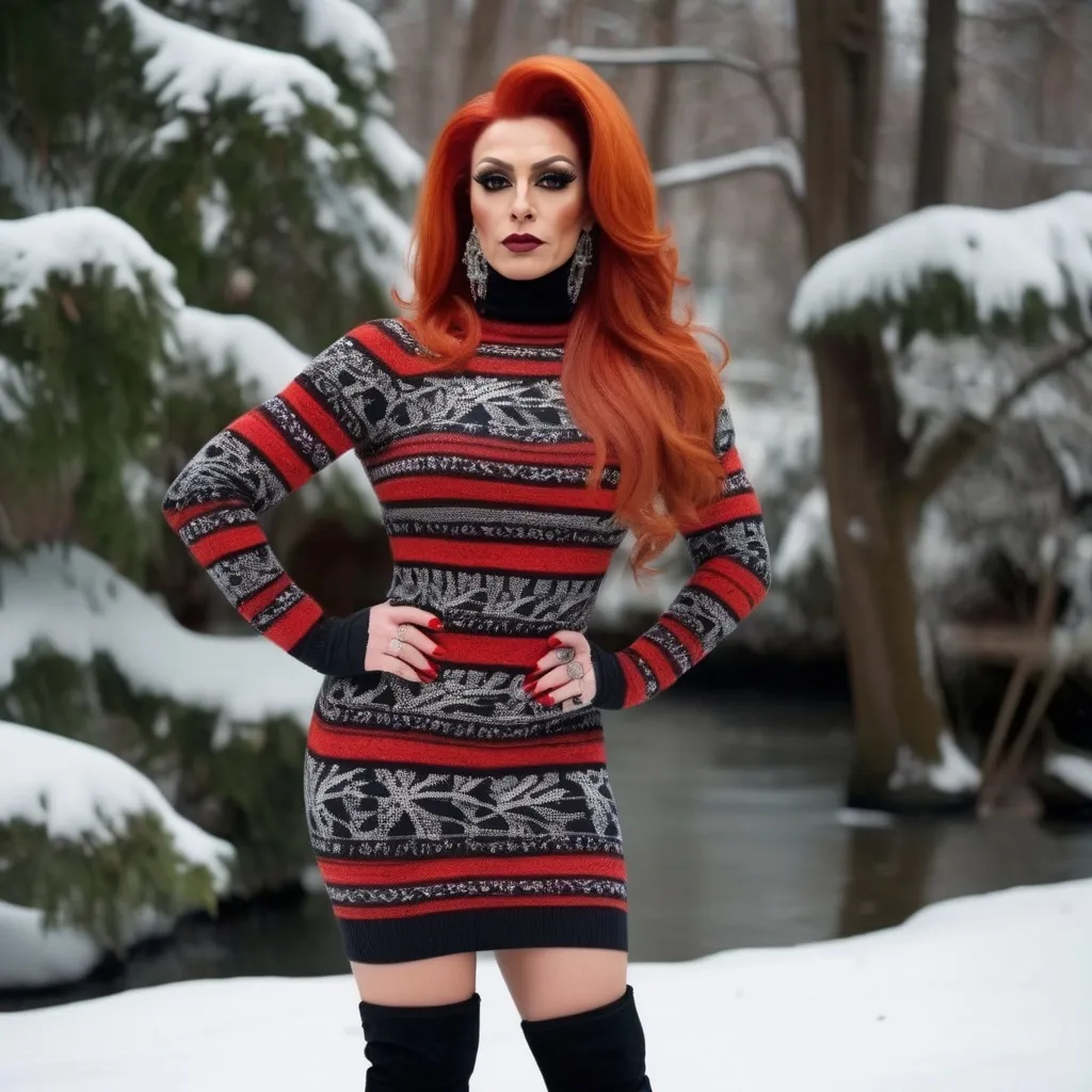 Prompt: A very masculine, yet gorgeous, muscular 35-year-old Turkish drag queen bodybuilder with red hair and a turtle neck sweater dress and 8 inch stiletto thigh-high boots, posing for a picture in the snow with trees in the background, background looks like small park with river