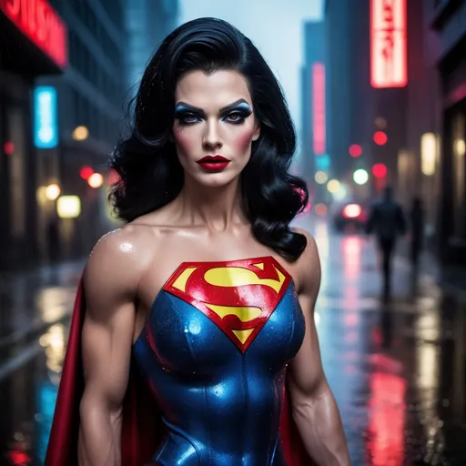 Prompt: Superman dress as A hyper realistic flawless 25-year-old gorgeous Northern European drag queen bodybuilder with black hair walking the streets as a classy debutante on a dark and rainy night. Heavy eye makeup. Dark red lipstick.