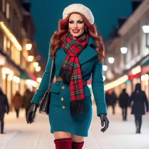 Prompt: (photorealistic) glamour shot of a (gorgeous muscular 35-year-old French drag queen fashion model), walking gracefully on a snow-covered high street, adorned for winter holidays. She has (long dark red tresses), (gorgeous yet masculine facial features), (large busom), wearing a white beret, (teal cable knit sweater, long belted suede skirt with fringe trim), fur trimmed boots, tartan wool scarf, white gloves, carrying a stylish leather purse, (bright engaging smile showing her perfect teeth), sparkling festive lights twinkling in the blurred background, (vibrant colorful scene) evoking (sophisticated elegance), (high detail & quality), (8k), (professional photography), warm and cheerful ambiance, warm professional floodlighting showcasing the vibrant colors of her stylish fashionable outfit.