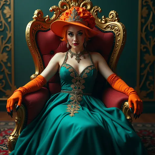 Prompt: Portrait of a gorgeous 25-year-old Swedish drag queen bodybuilder, sitting regally on an ornate throne, (elegant embroidery on a flowing teal dress), striking contrast with (orange hat and gloves), surrounded by intricate gothic decor, (dynamic lighting casts dramatic shadows), exhibiting intense eyes, possessing long claws. Atmosphere is (mysterious) and (elegant), offering an (overdetailed anime style) in stunning (4K HD resolution). A true masterpiece of (animation series art).