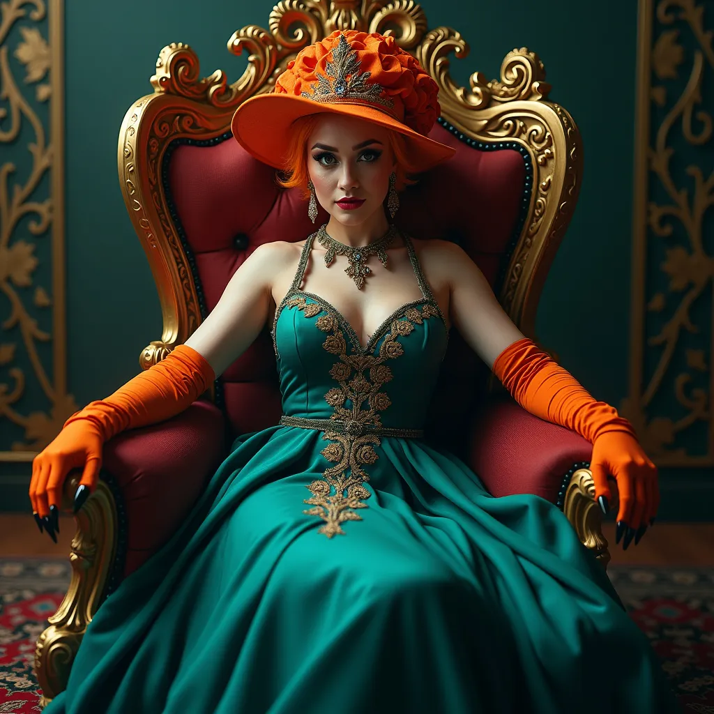 Prompt: Portrait of a gorgeous 25-year-old Swedish drag queen bodybuilder, sitting regally on an ornate throne, (elegant embroidery on a flowing teal dress), striking contrast with (orange hat and gloves), surrounded by intricate gothic decor, (dynamic lighting casts dramatic shadows), exhibiting intense eyes, possessing long claws. Atmosphere is (mysterious) and (elegant), offering an (overdetailed anime style) in stunning (4K HD resolution). A true masterpiece of (animation series art).