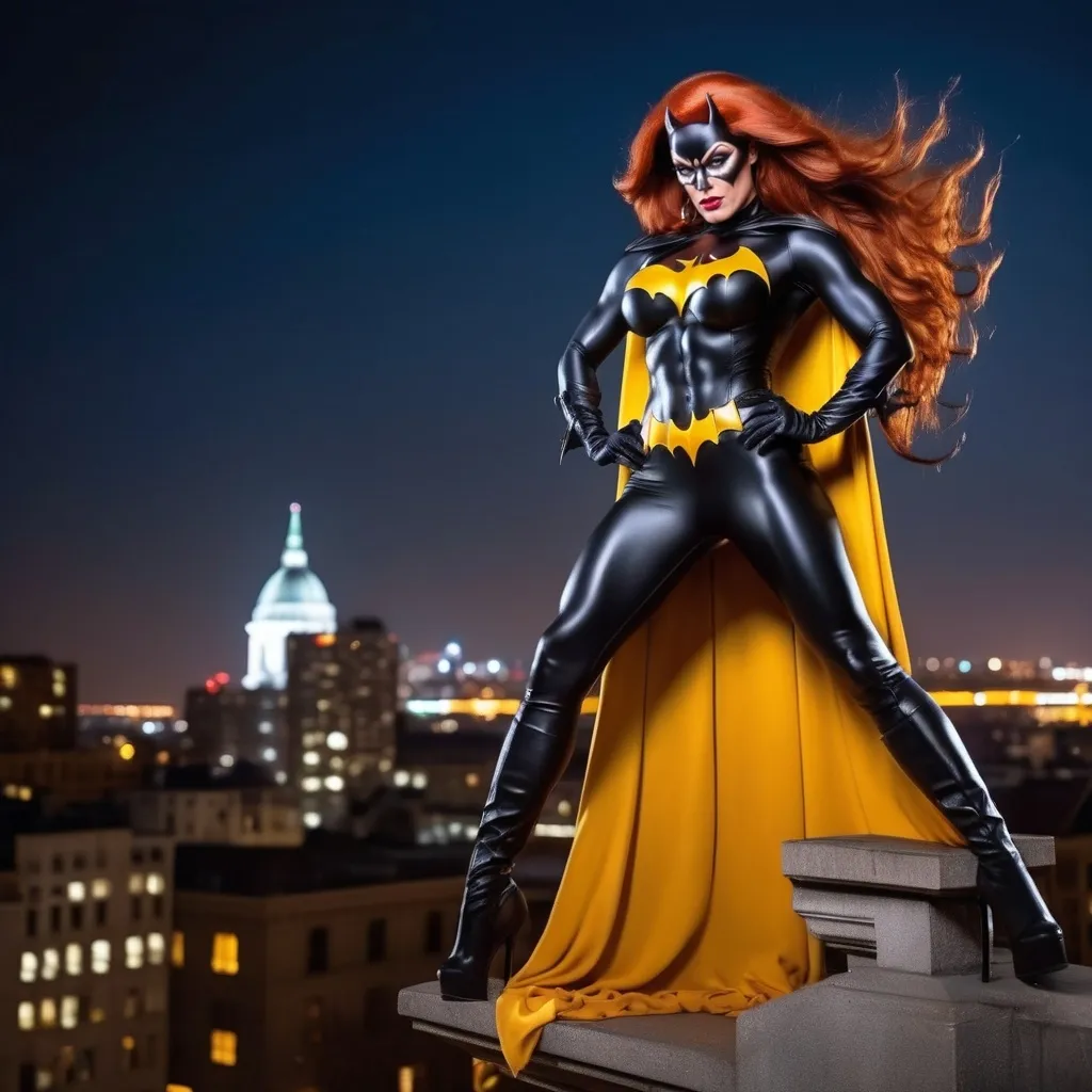 Prompt: Gorgeous muscular 35-year-old Hungarian drag queen bodybuilder with long flowing wavy red hair, huge busom, dressed as Batgirl (((DC Comics Character))), 8 inch stiletto thigh-high high heel boots, standing on a gargoyle looking down on Gotham City as night. Cape blowing in the wind. 