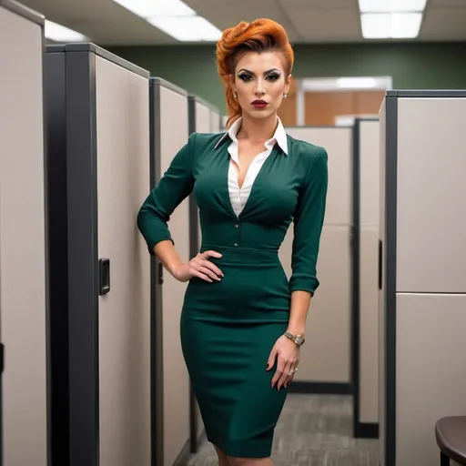 Prompt: Gorgeous ultra-muscular 25-year-old trans businesswoman, very well endowed, dark orange updo hairstyle, wearing sophisticated dark green business dress and white blouse, 8 inch stiletto high heel shoes, standing by a cubicle 