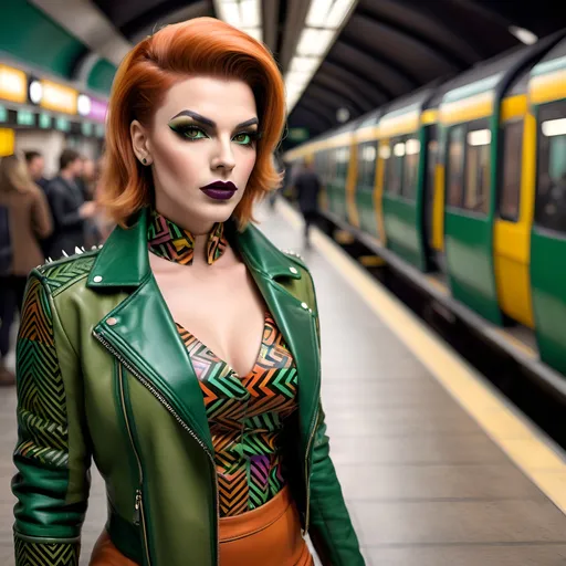 Prompt: photorealistic, (8K), beautiful curvy tall Polish drag queen model, strong masculine jawline and brow, dark eyeshadow and dark lipstick, chestnut pixie spiked hair, striking green eyes, colorful geometric pattern leather jacket, stylish apricot blouse, herringbone pattern pencil skirt, fashionable boots, elegant leather shoulder bag, crowded London Metro station environment, vibrant atmosphere, high detail, soft lighting, professional photography, urban setting, lifelike representation.