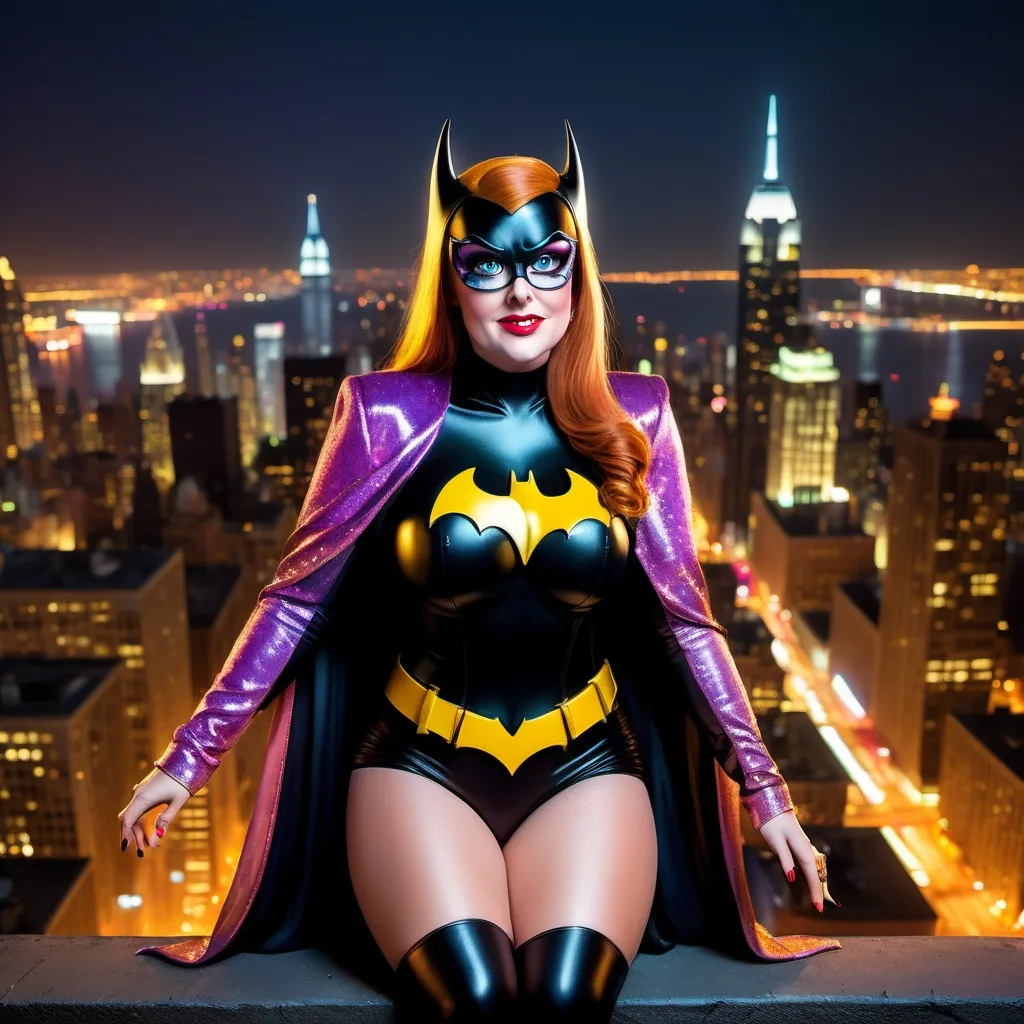 Prompt: Peter Griffin dressed as a 25-year-old gorgeous drag queen Batgirl posing on the ledge of a building, high above Gotham.