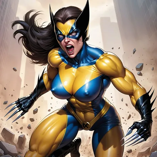 Prompt: (((X-Men character))) gorgeous muscular 50 year old female Wolverine claws out feral state, head-to-toe, fullbody. 