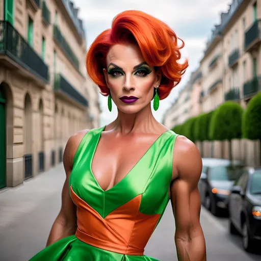 Prompt: A gorgeous muscular 35-year-old French drag queen bodybuilder with short sassy dark orange hair, dark eyeshadow, and dark lipstick, wearing (Spritz Aperol dress)  a fashionable dress inspired by the vibrant hues of the classic cocktail, (bright green and vivid pink colors), elegant and stylish design, summery vibe, refreshing aesthetic, delicate fabrics that mimic liquid flow, ambient lighting casting warm glows, ultra-detailed, 4K quality, playful and lively atmosphere, ideal for summer outings or gatherings, showcasing a sense of joy and celebration.