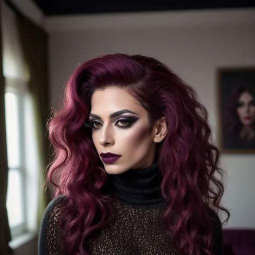 Prompt: (35-year-old Turkish genderfluid drag queen with long curly magenta hair), wearing an olive long knitted black turtleneck shirt and skinny jeans, dark ete makeup, dark lipstick,  masculine jawline and brow, (close up,low angle shot ), inside a softly lit room, (white curtains gently swaying),  captured in an extremely detailed (oil painting style), (photorealistic), sunlight streaming through the woman  , she is looking out the window and  holding the curtains with her hands ,(artistic modeling pose) ,high resolution , detailed , bright colors