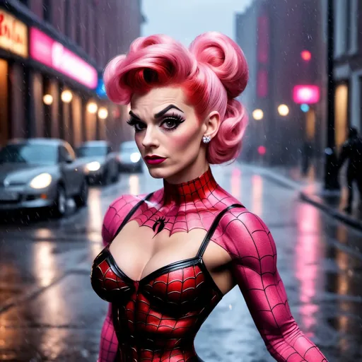 Prompt: Spiderman dressed as A hyper realistic flawless 25-year-old gorgeous Northern European drag queen bodybuilder with pink updo hair walking the streets as a 50s housewife on a dark and rainy night. Heavy eye makeup. Dark red lipstick.