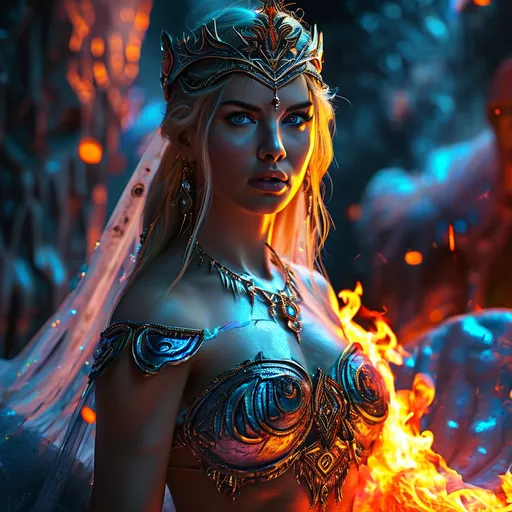 Prompt: HD 4k 3D 8k professional full-length modeling photo hyper realistic gorgeous ultra-muscular 28-year-old Fire and Ice Gypsy Princess of Carpia, ethereal greek goddess, full body surrounded by ambient glow, enchanted, magical, highly detailed, intricate, highly realistic woman, high fantasy background, Romanian dragon woman, elegant, mythical, surreal lighting, majestic, goddesslike aura, Annie Leibovitz style 

