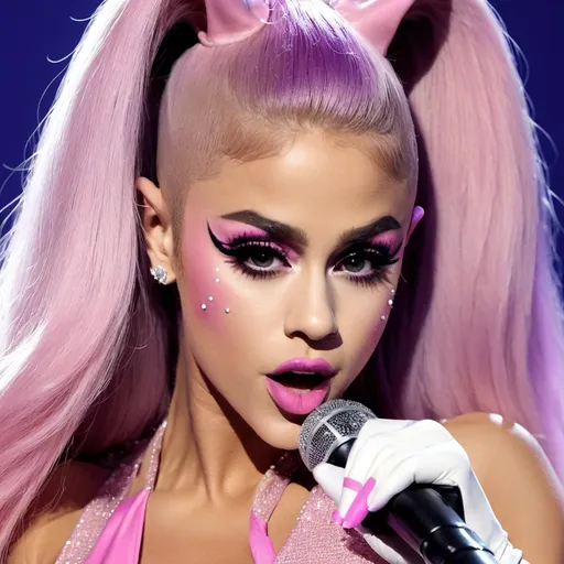 Prompt: Justin Beiber dressed up as a gorgeous ultra-muscular 25-year-old drag queen Ariana Grande performing on stage.