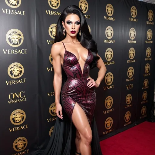 Prompt: Gorgeous elegant muscular 25-year-old drag queen with long straight shiny black hair, wearing a beautiful Versace designed dress and 8 inch stiletto high heel shoes,  dark smokey eye shadow, Dark red lipstick.  Walking the red carpet.