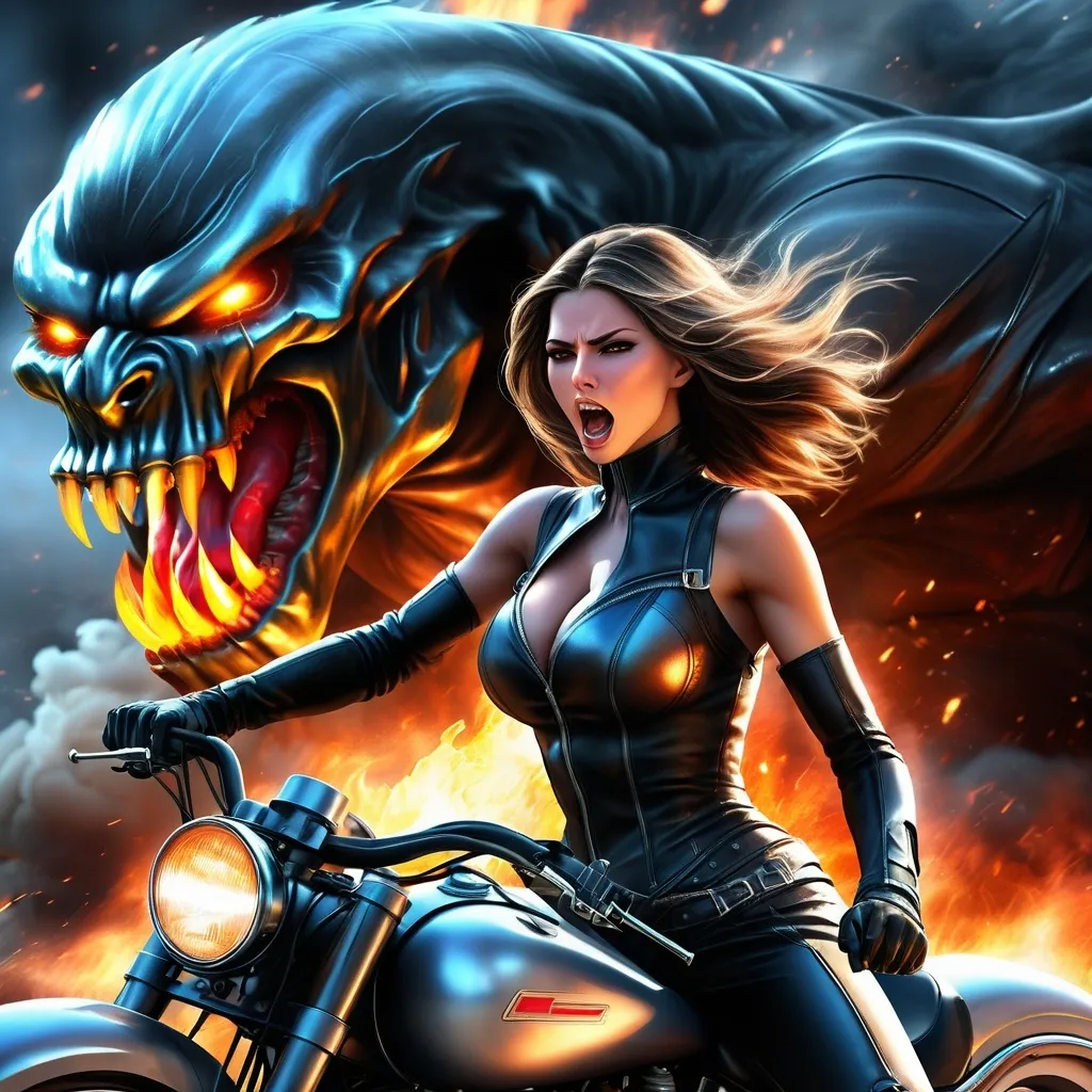 Prompt: Faster than a bullet
Terrifying scream
Enraged and full of anger
She is half woman and half machine
Rides the metal monster
Breathing smoke and fire
Closing in with vengeance soaring high
AGE 45