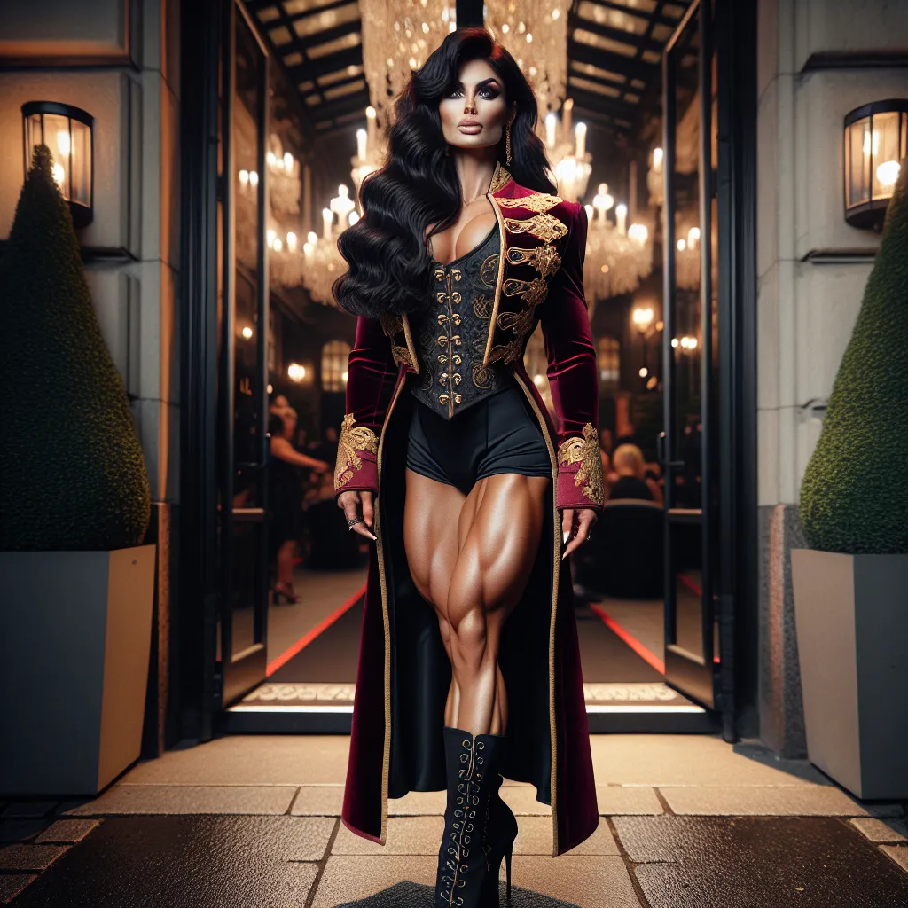 Prompt: Gorgeous ultra-muscular 25-year-old Italian goddess bodybuilder with huge ridiculously long styled black hair, wearing a maroon tailcoat with gold trim, black miniskirt, 8 inch stiletto high heel Prada boots, standing outside Stockholm nightclub at night, 8k photo, high detail, elegant, glamorous, nightlife, sophisticated, detailed makeup, wavy hair, luxurious attire, atmospheric lighting