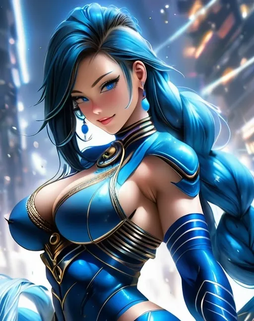 Prompt: a beautiful ultra-muscular 25-year-old Czechian goddess bodybuilder with huge busom, beautifully hyper-detailed blue face and a blue full body, hourglass figure, curvy hottie with gold and silver runes soft glowing on her skin, looking back over her shoulder, ridiculously long blue goddess braids hair, Android Jones, fantasy art, biopunk, cyberpunk art, field of depth, hyper-detailed, hyper-realistic