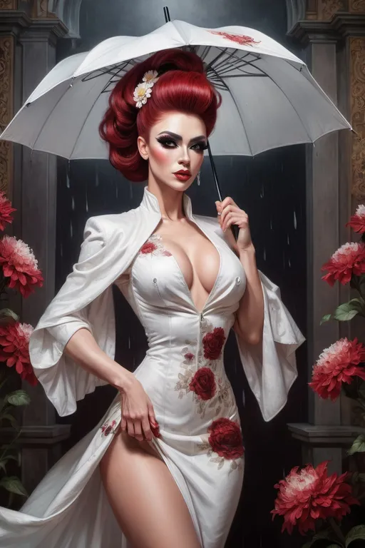 Prompt: A gorgeous ultra-muscular 25-year-old Polish drag queen bodybuilder with dark red updo hair in a white dress holding an umbrella and a flowered umbrella over her head, standing in front of a flowered area, Bian Jingzhao, gothic art, beautiful detailed, a painting