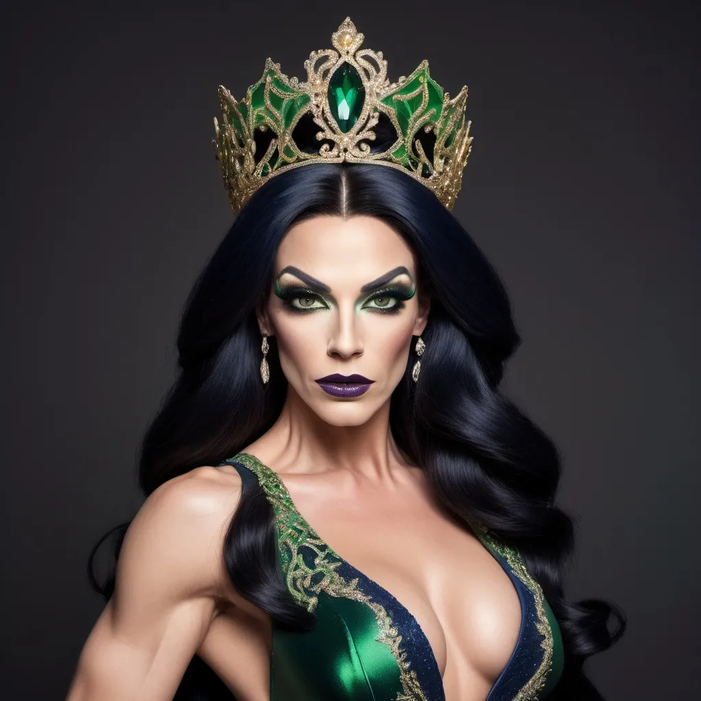 Prompt: A portrayal of a regal looking British drag queen bodybuildet in her early 30s, with long black hair, a bronze circlet on top of her head, mesmerising green eyes, high cheekbones, fair skin, narrow waist, slim complexion, wearing an elegant dark navy ball gown with intricate embroidered details and 8 onch stiletto high heel shoes, standing on a majestic staircase.