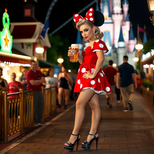 Prompt: Gorgeous ultra-muscular 25-year-old Swedish drag queen Minnie Mouse (Disney princess) with 8 inch stiletto high heel shoes, dark mascara, eyeshadow and dark red lipstick, standing in Disney World holding a beer and flirting with guests at night