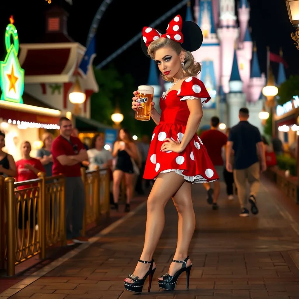 Prompt: Gorgeous ultra-muscular 25-year-old Swedish drag queen Minnie Mouse (Disney princess) with 8 inch stiletto high heel shoes, dark mascara, eyeshadow and dark red lipstick, standing in Disney World holding a beer and flirting with guests at night