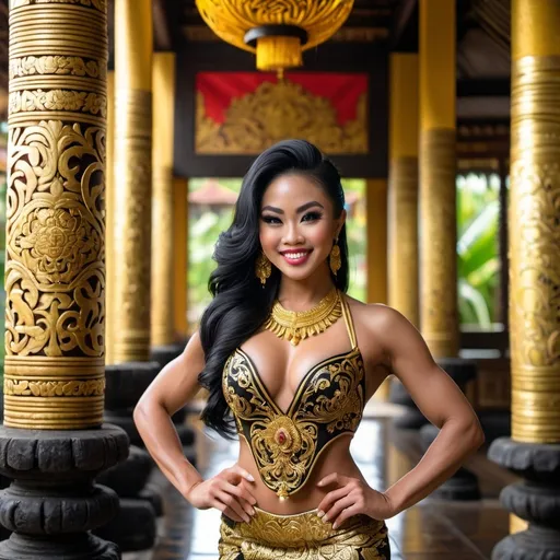 Prompt: Gorgeous ultra-muscular 25-year-old Balinese princess bodybuilder fashion shot in regal avant-garde Kebaya Bali, regal smile, flirtatious, huge busom and ridiculously long shiny black hair, wearing Balinese traditional gold accessories and dress, 8 inch stiletto high heel shoes, lush Balinese landscape and Balinese palace background, intricate Balinese scripture on the walls, backed by traditional Balinese dancers, extra high details, superb unreal rendering, panoramic, atmospheric, ultra HDR, vivid, depth of field, bokeh, ultra realistic appearance, life like appearance, 64 megapixels, moody, romantic