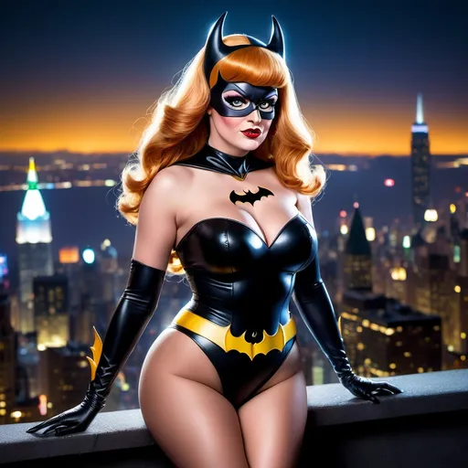 Prompt: Peter Griffin dressed as a 25-year-old gorgeous drag queen Batgirl posing on the ledge of a building, high above Gotham.