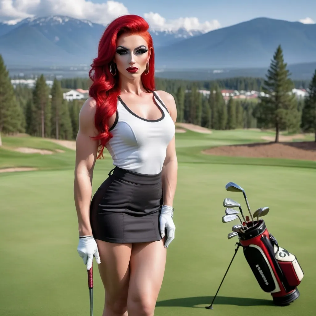 Prompt: a gorgeous ultra-muscular 25-year-old Finnish drag queen bodybuilder with large busom and bright red hair, wearing a golf skirt and cute tank top, 8 inch stiletto high 
heel shoes, smokey eye shadow  and dark red lipstick, holding a golf club and posing for a picture on the golf course with mountains in the background, Evelyn Abelson, superflat, professional, a stock photo