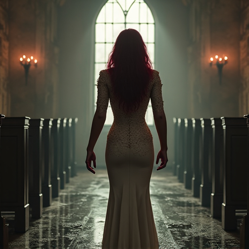 Prompt: Inimage, Ultimate modern grungy old dirty chapel, filthy, greasy floor, gorgeous ultra-muscular 25-year-old Russian drag queen bodybuilder, dark eyeshadow,  heavy fashionable mascara, dark red lipstick, very long wavy dark red hair, wearing an elegant dirty bridal gown, ((heavy iron collar)), standing at altar, RAW, artstation, splash style of dark fractal paint, contour, hyper detailed, intricately detailed, unreal engine, fantastical, intricate detail, steam screen, complementary colors, fantasy concept art, 8k resolution, deviantart masterpiece, splash arts, ultra details Ultra realistic, hi res, UHD, 64k, 3D rendering, improved facial lighting