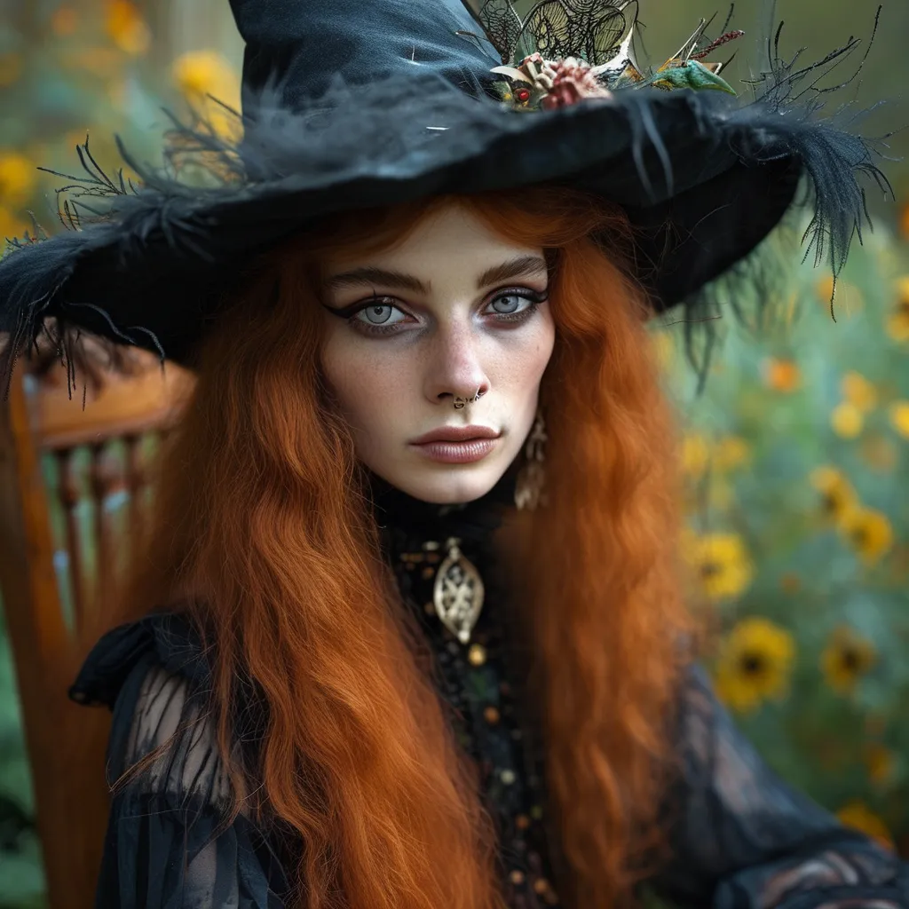 Prompt: young stunningly gorgeous rag queen witch, deep gray eyes, deep look, very long red hair, light contrast, baroque intricate portrait, young drag queen witch sitting in her garden house