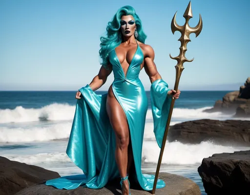 Prompt: If Poseidon was a gorgeous hyper-muscular 25-year-old drag queen bodybuilder wearing long scaly aqua-blue robes with Dark eye makeup and dark lipstick. Tanned body and face. Wearing 8 inch stiletto high heel shoes. Standing on a rock by the ocean holding a trident.