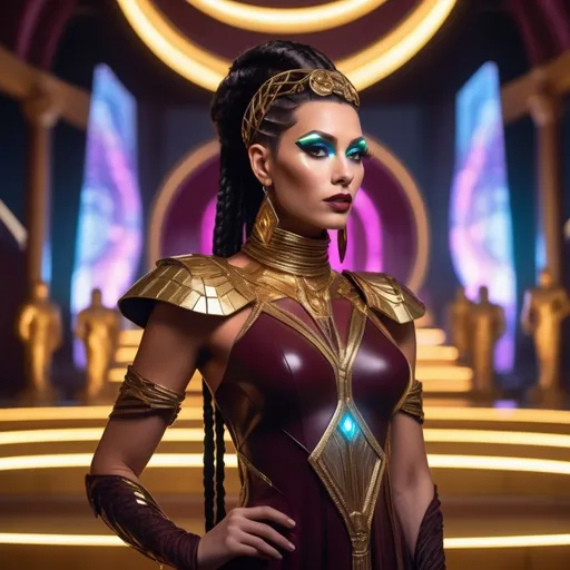 Prompt: A futuristic take on an Ancient Roman, 35-year-old very masculine, drag queen beauty with suntanned skin (squared jaw), refined features, and a noble, commanding expression. She wears a modern asymmetrical dress in metallic burgundy with gold circuitry patterns, complemented by a glowing holographic cape. Her Raven black hair is styled in intricate braids with shimmering fiber optic strands woven through, adorned with a golden diadem emitting a soft light. She stands in a high-tech amphitheater surrounded by holographic statues, robotic sculptures, and glowing fountains powered by advanced energy systems.