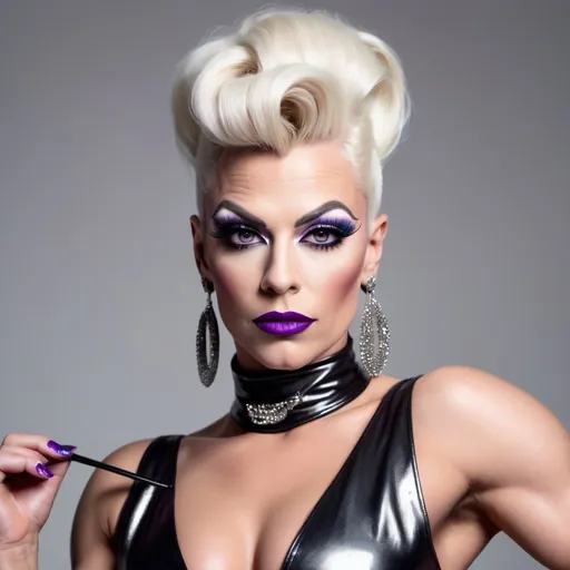 Prompt: The most beautiful muscular 35-year-old Finnish drag queen (with very strong masculine jawline and facial features) with stylish platinum blonde updo hair and large busom.  Wearing a sassy, cute, stylish, colorful party dress and 8 inch platform stiletto high heel knee-high boots.  Dark eyeshadow,  dark lipstick,  heavy mascara. 