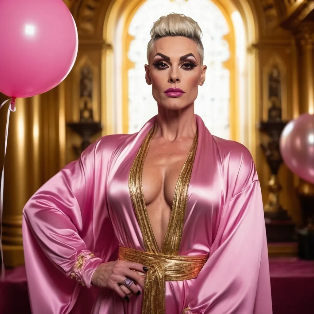 Prompt: a gorgeous muscular 35-year-old British drag queen (strong masculine jawline and brow features) wearing a wrap around robe standing on an altar in a golden decorated temple-like room, behind her are pink inflatable balloons, there is light from above and it looks like she is washed by the golden light, 