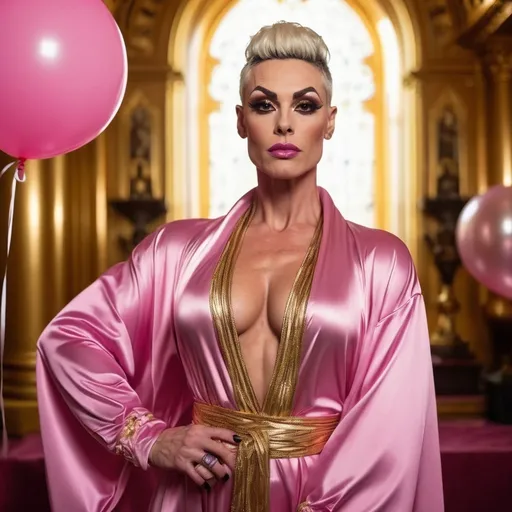 Prompt: a gorgeous muscular 35-year-old British drag queen (strong masculine jawline and brow features) wearing a wrap around robe standing on an altar in a golden decorated temple-like room, behind her are pink inflatable balloons, there is light from above and it looks like she is washed by the golden light, 