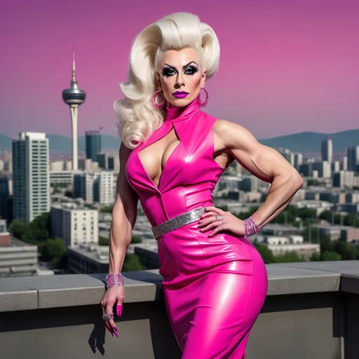 Prompt: Gorgeous muscular 35-year-old Turkish drag queen with very long platinum blonde updo hair in a hot pink outfit and 8 inch stiletto high heel shoes, with a cityscape background, Erlund Hudson, transgressive art, promotional image, a character portrait