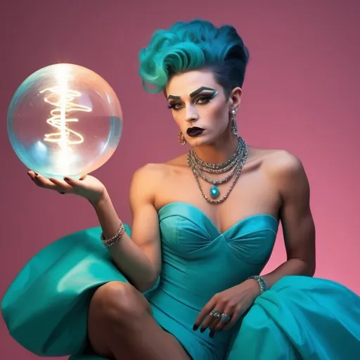 Prompt: James Dean dressed as a gorgeous muscular 25-year-old British drag queen (with masculine facial features) with dark eyeshadow,  dark lipstick, and orange updo hair, wearing a neon teal Coco Chanel dress holding crystal ball filled with lightning, Ayshia Taşkın, private press, hourglass slim figure, a pastel