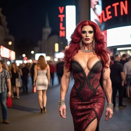 Prompt: A gorgeous ultra-muscular 35-year-old Czechian drag queen bodybuiler with huge busom and extremely long wavy dark red hair wearing a very detailed Valentino Dress and 8 inch stiletto high heel shoes at a movie premiere at night.