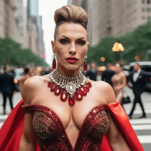 Prompt: Glamour photography of Gorgeous ultra-muscular 35-year-old (Caucasian) Hungarian drag queen bodybuilder (very strong masculine jawline and brow features) with a big busom, and  tight salt & pepper updo hair on the Met Gala steps in New York wearing designer bronze and red gown with long train, intricate details, glitter and jewels, posed 3/4 turn standing, smile, in the style of Guy Aroch