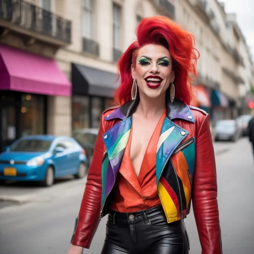 Prompt: A gorgeous muscular 25-year-old French drag queen with dark eyeshadow,  dark red lipstick,  and big busom, in a colorful leather jacket, black pants, and 8 inch stiletto high heel shoes posing for a picture on the street with her hands in her hair, laughing, bright red windswept hair, Fan Qi, maximalism, colorful, a character portrait 